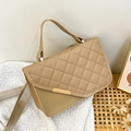 Khaki quilted crossbody bag with golden buckle and adjustable wide fabric strap - Khaki