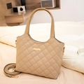 Elegant beige quilted PU leather tote bag with gold logo and adjustable shoulder strap - Khaki