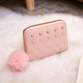 Short pink faux leather wallet with golden studs, quilted pattern and plush fur ball - Pink