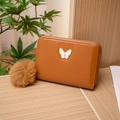 Caramel glossy PU leather mini wallet with butterfly badge and fluffy ball charm - Brown