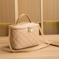 Beige quilted vanity bucket bag with gold hardware and adjustable crossbody strap - Small / Khaki