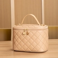 Elegant beige quilted leather cosmetic bag with gold zippers and sturdy top handle - Large / Khaki