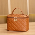Quilted caramel brown leather makeup bag with gold zipper and top handle in 2025 style - Large / Brown