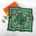 Green paisley printed square silk scarf with elegant white floral patterns on white background - 70*70cm / Green White Paisley