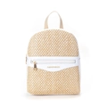 Mini woven straw backpack in beige and white leather with gold zipper detailing - White