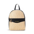Chic beige woven straw backpack with black leather trim and golden metal zippers - Black