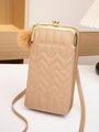 Borsa a tracolla beige trapuntata per cellulare con fiocchi e ciondolo a pompon morbido - Albicocca