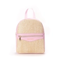 Pink PU leather and straw woven backpack featuring a gold Fashion & Bags logo detail - Pink