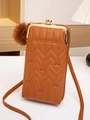 Quilted caramel brown crossbody phone bag with gold clasp and fluffy pompom charm - Brown