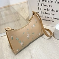 Borsa baguette beige in ecopelle con ricamo floreale e dettagli in metallo dorato - Cachi