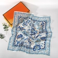 Elegant floral silk scarf with blue patterns on cream fabric beside orange gift box - 70*70cm / Cream Blue Gold Floral