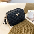Quilted black crossbody camera bag with butterfly detail and gold chain strap - Black