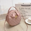 Pink round crossbody bag with quilted rhombic pattern and flamingo charm pendant - Pink