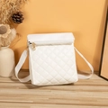 Classic white quilted rhombus crossbody bag with gold zipper on a warm wooden background - White