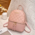 Pink quilted PU leather mini backpack with gold metal logo and dual zipper compartments - Pink