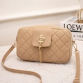 Quilted beige small square crossbody bag featuring a golden crown and elegant tassel detail - Khaki