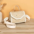 Straw crossbody bag in beige leather trim with wide canvas strap and gold buckle - White