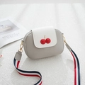 Mini gray crossbody bag with white flap, rhinestone cherry and striped fabric strap - Gray