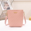 Modern pink embossed woven texture crossbody bucket bag with golden metal plate hardware - Pink