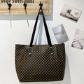 Retro polka dot print tote bag with black shoulder straps and gold hardware detail - Coffee