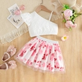 Detail of girls floral mesh skirt and one-shoulder white relief flower top set - 110cm (4-5Y) / White One Shoulder Top + Pink Rose Skirt Set