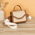 Straw shoulder bag with brown faux leather trim and white wide fabric strap - Dark Brown