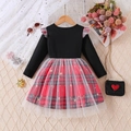Toddler girl long sleeve dress with red plaid skirt and star print tulle overlay - Black / 90cm