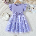 Ärmelloses lila Mädchenkleid mit Schmetterlingsprint, Netzrock und Taillenschleife - 90 / Lila