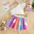 Toddler girls white unicorn top and rainbow tulle skirt set with matching shoes - 110cm (4-5 Years) / White (Top) + Rainbow (Skirt)