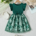 Mädchen dunkelgrünes Kleid mit Flügelärmeln, Schleife und Blumen-Tüll-Rockteil - 90 / Grün