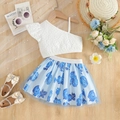 Girls summer set with white off-shoulder top and light blue rose print mesh skirt - White Zirconia Set / 110cm