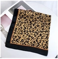 Flat lay of a leopard print silk scarf with black border on a white table and magazine - 70cmx70cm / Classic Earth Tone Leopard (Style 5)