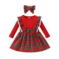 Baby girl long sleeve red ribbed dress and plaid skirt set with bow headband - 60/3-6M / Red
