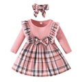 Pink knit long sleeve baby dress with plaid skirt and matching bow headband set - 60 / Pink