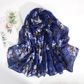 Navy blue rose print long scarf made of lightweight voile on a white background - Navy Blue Floral