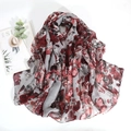 Fashionable grey scarf with red rose prints and delicate wave edges in light voile fabric - Grey Floral