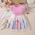Pink flutter sleeve girl dress with floral tulle skirt and large waist bow detail - 90cm (1-2 Years) / Pink
