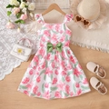 White floral girls sleeveless dress with pink flowers and a green waist bow - White / 110cm