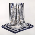 Blue and white 90cm satin silk square scarf with French Toile de Jouy pastoral print - Blue White Jungle