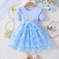 Light blue girls tulle dress with 3D floral appliques and a satin bow waist - 90cm / Light Blue