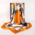 Elegant 90cm beige baroque silk satin square scarf displayed on a minimalist metal rack - 90cmx90cm / Orange