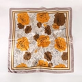 Detailed flat lay of 90cm square satin scarf featuring vintage rose and leaf patterns - Khaki
