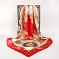 Beige vintage satin silk scarf with red and gold baroque floral patterns on black rack - 90cmx90cm / Red