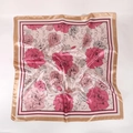 Elegant 90cm satin square scarf with pink rose patterns and champagne gold border - Pink