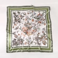 Green butterfly print satin square scarf 90cm with floral patterns and deep green border - Green