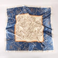 90cm satin square silk scarf featuring abstract floral prints in navy and orange - Blue Art