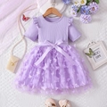 Girls purple short sleeve princess dress with 3D butterfly decor and layered tulle skirt - 90cm / Light Purple