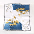 Elegant 90cm square satin silk scarf with deep blue and yellow ginkgo leaf floral patterns - Blue