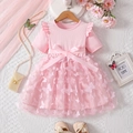 Pink girls' princess dress with 3D floral appliques and satin bow belt detail - 90cm / Pink