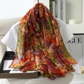 Lightweight voile scarf with colorful graffiti print draped on a white tee - Orange Green and Purple Bohemian Style (款式3)
